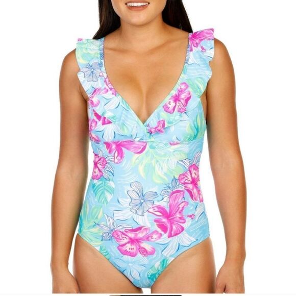 Stella Parker Women's Floral Ruffle Tropical Print One Piece Swimsuit sz Medium - Picture 1 of 9